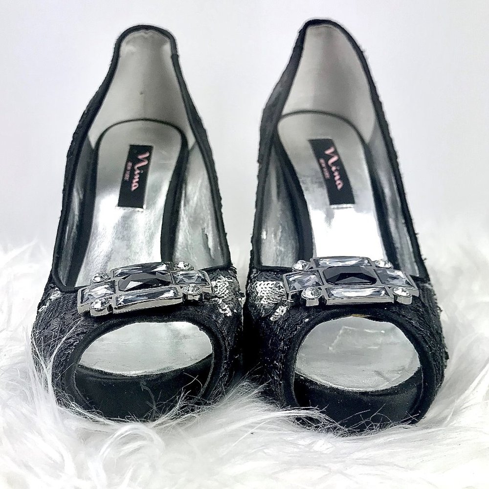 NINA Black/Silver Sequins Pumps w/Gems, Sz 8.5 - Picture 4 of 7
